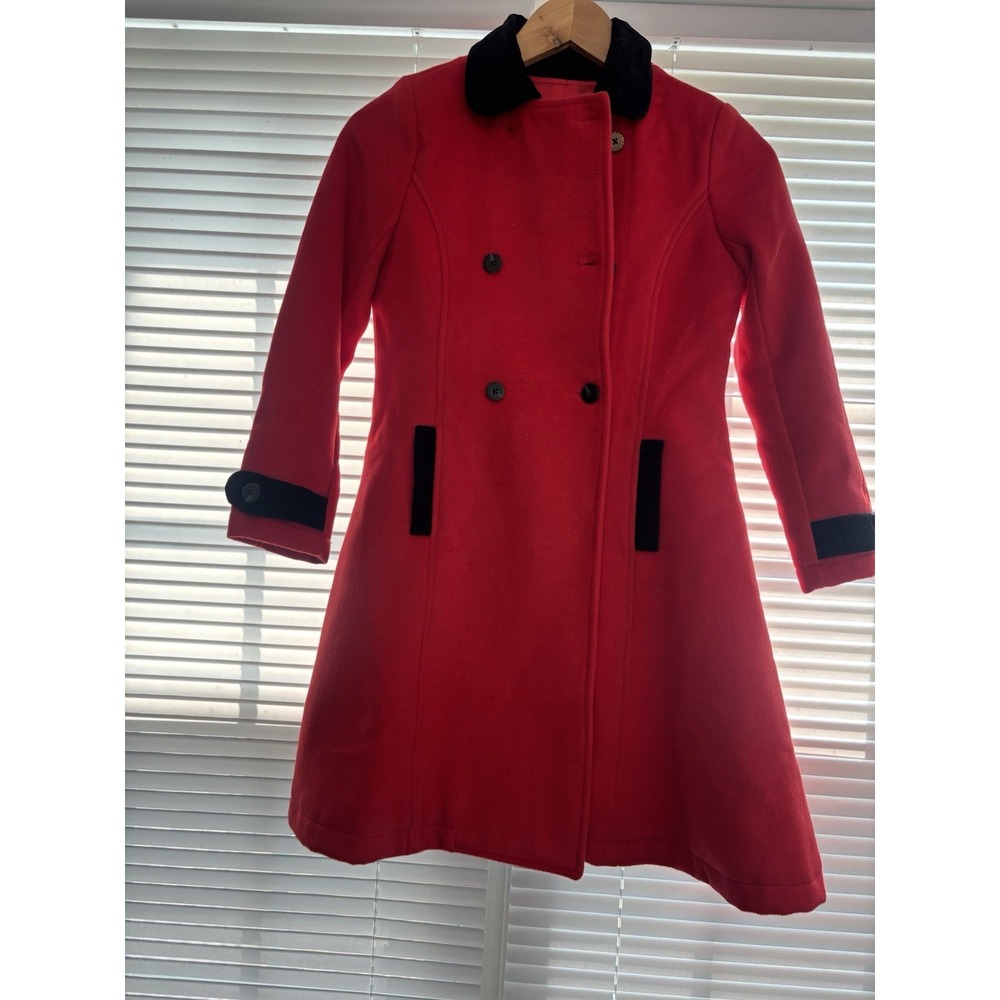 Hope & Henry Girls Red Dress Coat Sz 10 Double Breasted Black Velvet Trim Classi